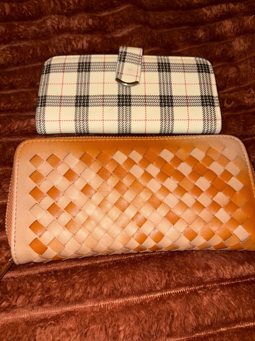 Woven Leather Zip-Around Wallet in Tan and Plaid
